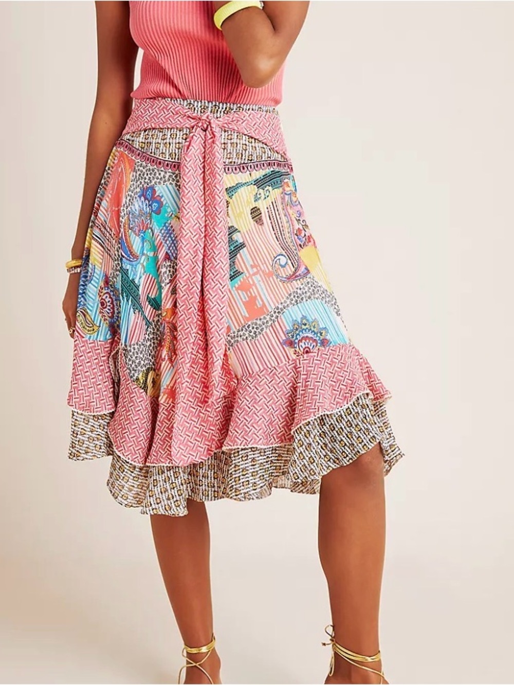 Anthropologie Online Exclusive Printed Tie-Waist Midi Skirt with Layers